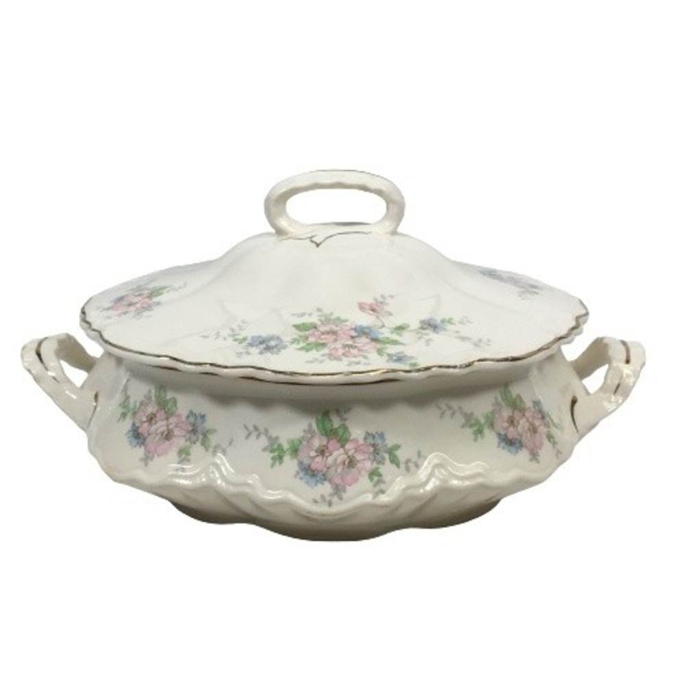 Homer Laughlin Round Soup Tureen G47 N8 w/Lid Floral Pink Blue Flowers Gold Rim